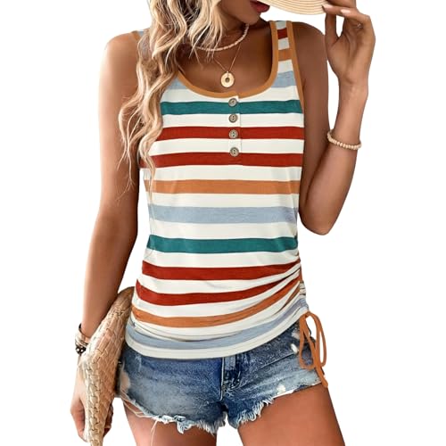 Comfy Henley Tops Women Summer Sleeveless Loose Button 32 henley tops women - stripes orange