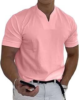 Angbater Muscle Mens V Neck Short Sleeve Shirts Cotton Slim Fit Polo Shirt Stretch Bodybuilding Workout Polo Tee Shirt Pink