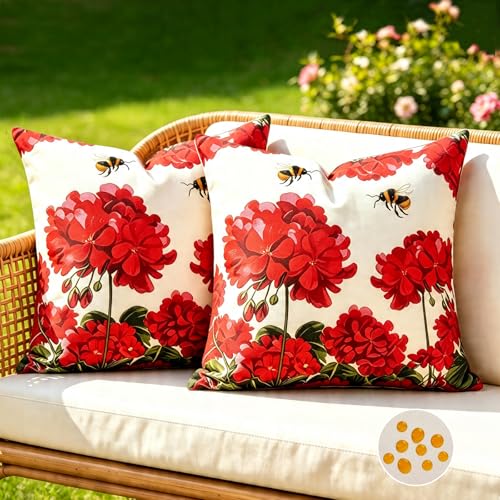 ETOLISHOP Juego de 2 Funda Cojín 40X40 Rojo, Arte Floral Vintage Acuarela Geranio Impermeable, Floral Vintage para Amantes Decoración Romántica, Salón, Dormitorio Y Jardín con Estilo Único.