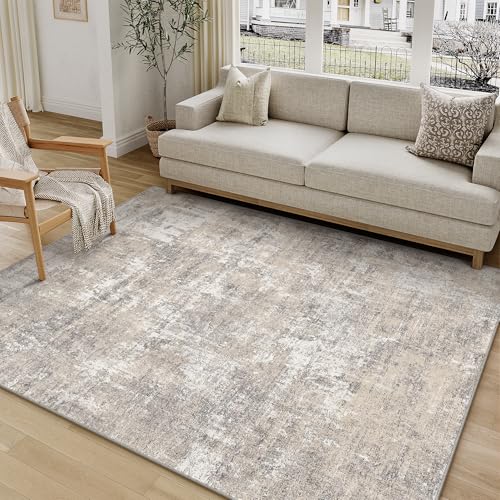 Machine Washable Area Rug 4x6 Beige Gray Modern Abstract Neutral Office Door Mat Indoor Accent Low Pile Carpet Distressed Throw Rug Bedroom Living Dining Room Kitchen Non Slip