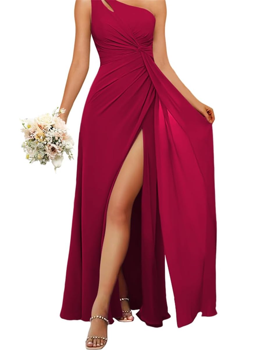 Hppee Women's Hot Pink Bridesmaid Dresses For With Slit Ruched One Shoulder Chiffon A Line Formal Wedding Evening Dress Uk14