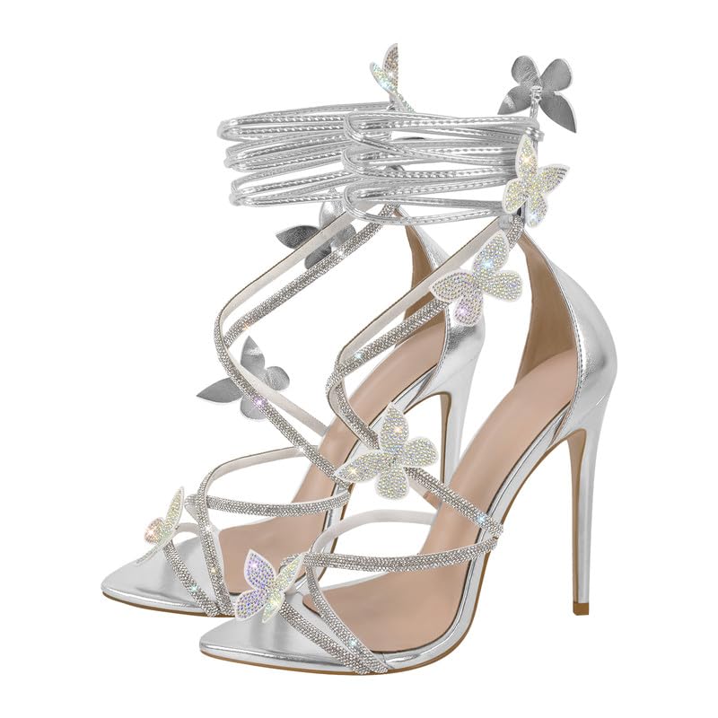 blingqueen Glitzer Sandaletten Stiletto Römersandalen mit Strass Schmetterling High Heels