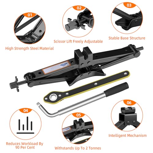 Image of Car Jack Kit, Scissor Jack for Car 2 Ton (4409 lbs), Portable Tire Changing Kit with Scissor Jack, Ratchet Wrench, Lug Wrench, Gloves, Pencil Tire Pressure Gauge for Car /MPV /SUV