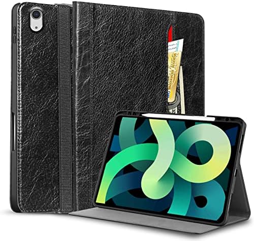 NANRUIL for Ipad Case 10.9-inch air 5th/4th Gen Genuine Leather Cover Protective Shell for 2022/2020 with Pocket Strap,Built-in Pencil Holder and Auto Wake/Sleep.Black