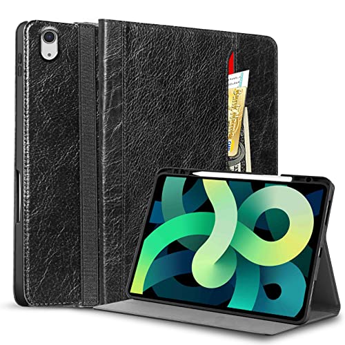 Nanruil For Ipad Case 10.9-Inch Air 5Th/4Th Gen Genuine Leather Cover Protective Shell For 2022/2020 With Pocket Strap,Built-In Pencil Holder And Auto Wake/Sleep.black #TOP3