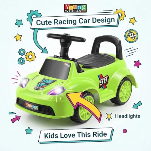 Image of Kids Ride On Green Car for Toddlers with Steering Wheel & Backrest | Foot to Floor Baby Push Car | Indoor Outdoor | Strong Wheels & Comfortable Seat | Racing Design for Boys & Girls (1-3 Years)