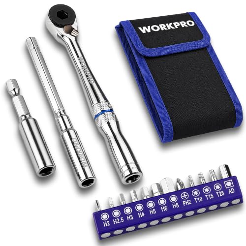 WORKPRO 1/4'' Mini Ratchet Wrench, T-Handle Extension & Magnetic Bit Holder