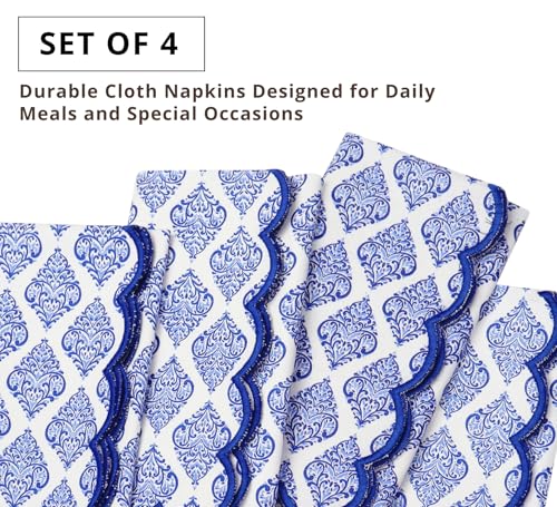 Image of PurpleEssences Scalloped Cloth Napkins 18x18 in - Floral Paisley Edges Blue