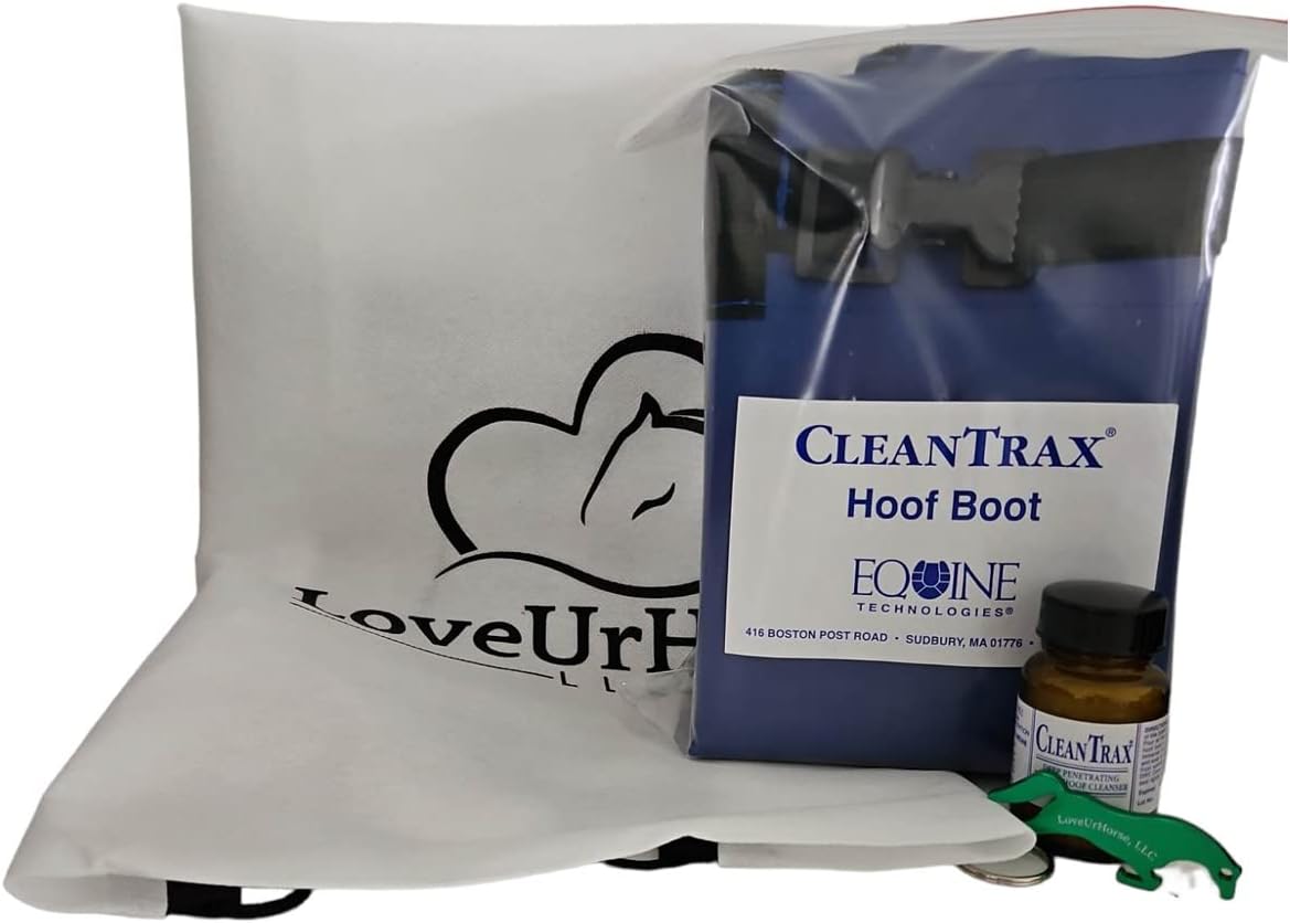 CleanTrax Hoof Soaking Kit for Horses - Hoof Soaking Boot, CleanTrax Equine Hoof Cleanser, Storage Bag with a Horse Shaped Bottle Opener.