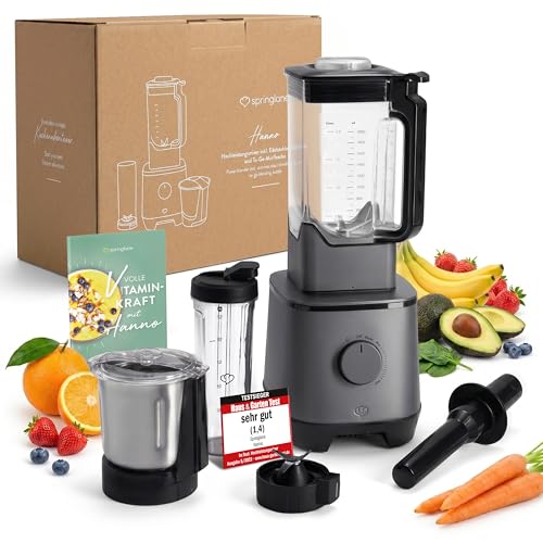 SPRINGLANE Hochleistungsmixer Hanno 2000 W, 32.000 U/min, 4 Programme, Selbstreinigungsfunktion, Standmixer mit 2,5 L Tritan-Behälter ohne BPA, inkl. Edelstahlmixbehälter & To-Go-Mixflasche