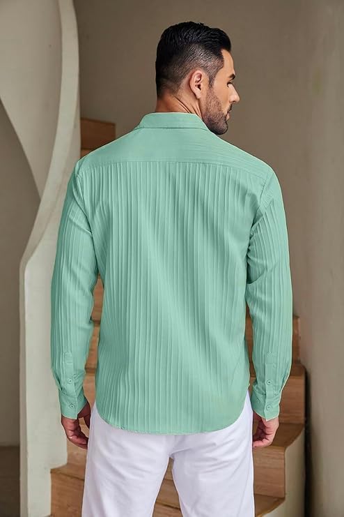 Image of DEELMO Combo of Men's Casual Button Down Shirts Long Sleeve Linen Shirt Fashion Textured Summer Shirts Pack of 2