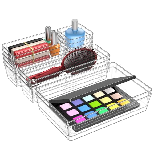 Hymony Organizadores de Cajones 15 Piezas con 4 Tamaños, Organizador de Maquillaje para Tocador, Cajas Transparentes para Escritorio y Baño