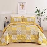 Mybedsoul Yellow Boho Quilt Set Queen Size,3 Pieces Plaid Floral Bedspread Coverlet Set Summer,Patchwork Reversible Bedding Set Queen 90"x96"