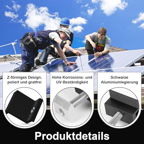 12 Stück Halterung Balkonkraftwerk, Solarmodul Halterung Endklemme 30mm-35mm Schwarz, Solarpanel-Z-Halterung,Für Solarpanel Halterung,Trapezblech Flachdach Montage PV Befestigung Set
