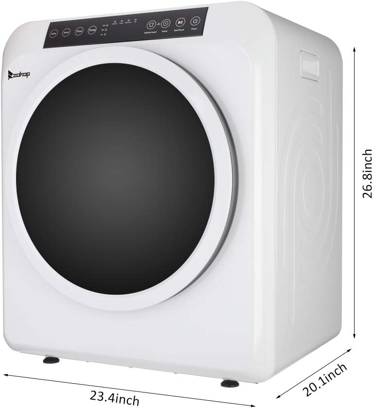 Diagram showing the dimensions of the Winado Compact Laundry Dryer: 26.8 inches height, 23.4 inches width, and 20.1 inches depth.