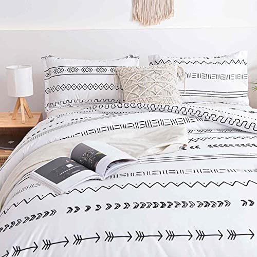 Boho Aztec Queen Size Comforter Set, White Striped Geometry Pattern Print Reversible Down Alternative Bed Sets - 90 X 90 3Pc Soft Microfiber Duvet Sets Modern Bohemian Bedding In A Bag For Women Men #TOP3