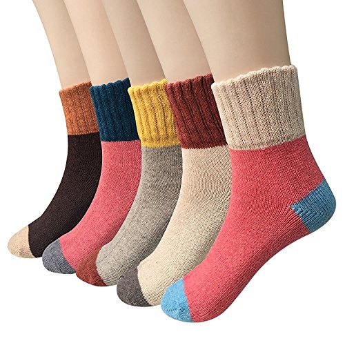 NiceButy Lot de 5 paires de chaussettes d'hiver Chaussettes en laine Femme confortable chaud, Multicolore