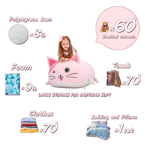 Anzitinlan Cute Cat Bean Bag Chair For Kids, Pink Stuffed Animal Storage Beanbag Chairs For Girls Room Decor, Extra Large Size, Velvet Super Soft Cover Only #TOP5