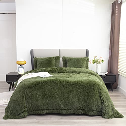 YUSOKI Long Faux Fur Queen Size Blanket, Olive Green, 90" x 90"