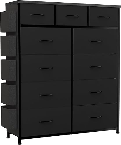 LIVEHOM Cómoda para dormitorio con 11 cajones, cómodas y cajones con bolsillos laterales, ganchos, cajón de almacenamiento de tela, marco de acero,