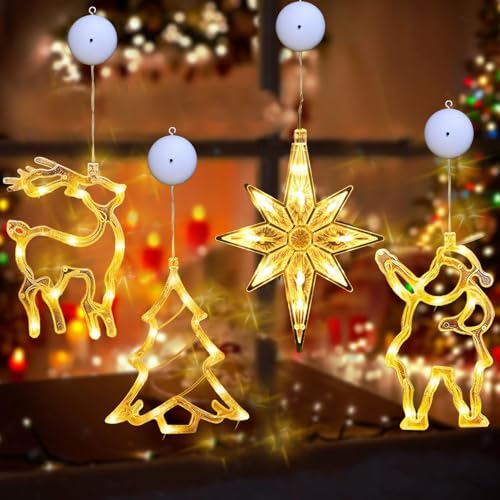 Juego de 4 luces LED con ventosa, luces LED para ventana, cadena de luces colgantes, cadena de luces para ventana, funciona con pilas, con ventosas, iluminación navideña para decoración de Navidad