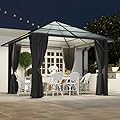 10'x10' Hardtop Gazebo, Outdoor Polycarbonate Roof Gazebo, Heavy Duty Metal Permanent Pavilion with Curtains & Netting for Backyard, Patio, Deck (Polycarbonate Top)