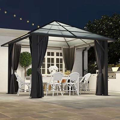 10'x10' Hardtop Gazebo, Outdoor Polycarbonate Roof Gazebo, Heavy Duty Metal Permanent Pavilion with Curtains & Netting for Backyard, Patio, Deck (Polycarbonate Top)
