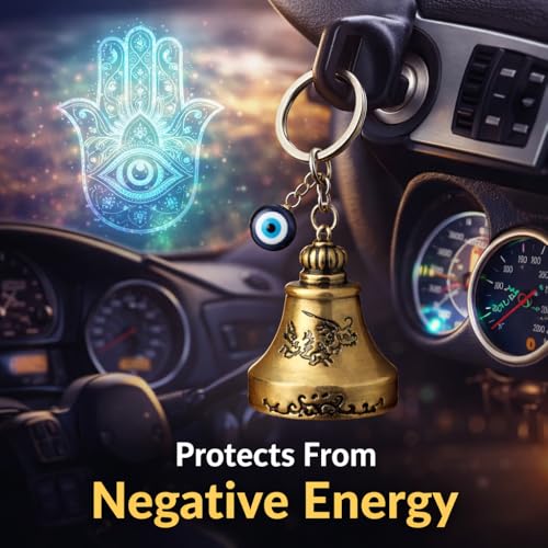 Image of Guardian Bell for Bike Riders, Guardian Bell Keychain with Evil Eye Charm, Metal Lucky Travel Amulet for Car Keys, Meaningful Gift for Men and Women (Antique Gold)