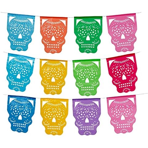 Paper Full of Wishes Day of The Dead Plastic Papel Picado 2pk Cabezita Calavera I 12 Plastic Panels per Banner I Each Banner over 12ft Hanging Cover