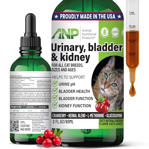 ANP Cat Urinary, Kidney & Bladder Support- Liquid Supplement with Cranberry & Herbal Blend, Natural Wellness Formula for Cats, Easy-to-Use, Tasty Chicken Flavor, 2 fl.oz /60 ml Bottle, 45 Day Supply