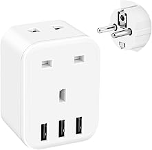 UK to European Plug Adapter, FDTEK Grounded EU Euro Europe Travel Adapter with 3 USB Slots, Schuko Travel Plug for Germany France Spain Iceland Greece Norway and more (Type E/F)