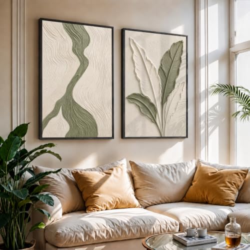 Image of NoWorries Textured Botanical Leaf Wall Painting Set of 2 with Frame | Sage Green & Beige Abstract Nature Artwork, Minimal Modern Wall Decor for Living Room, Bedroom, Office and Home Decoration (Art-11, 13x19inch)