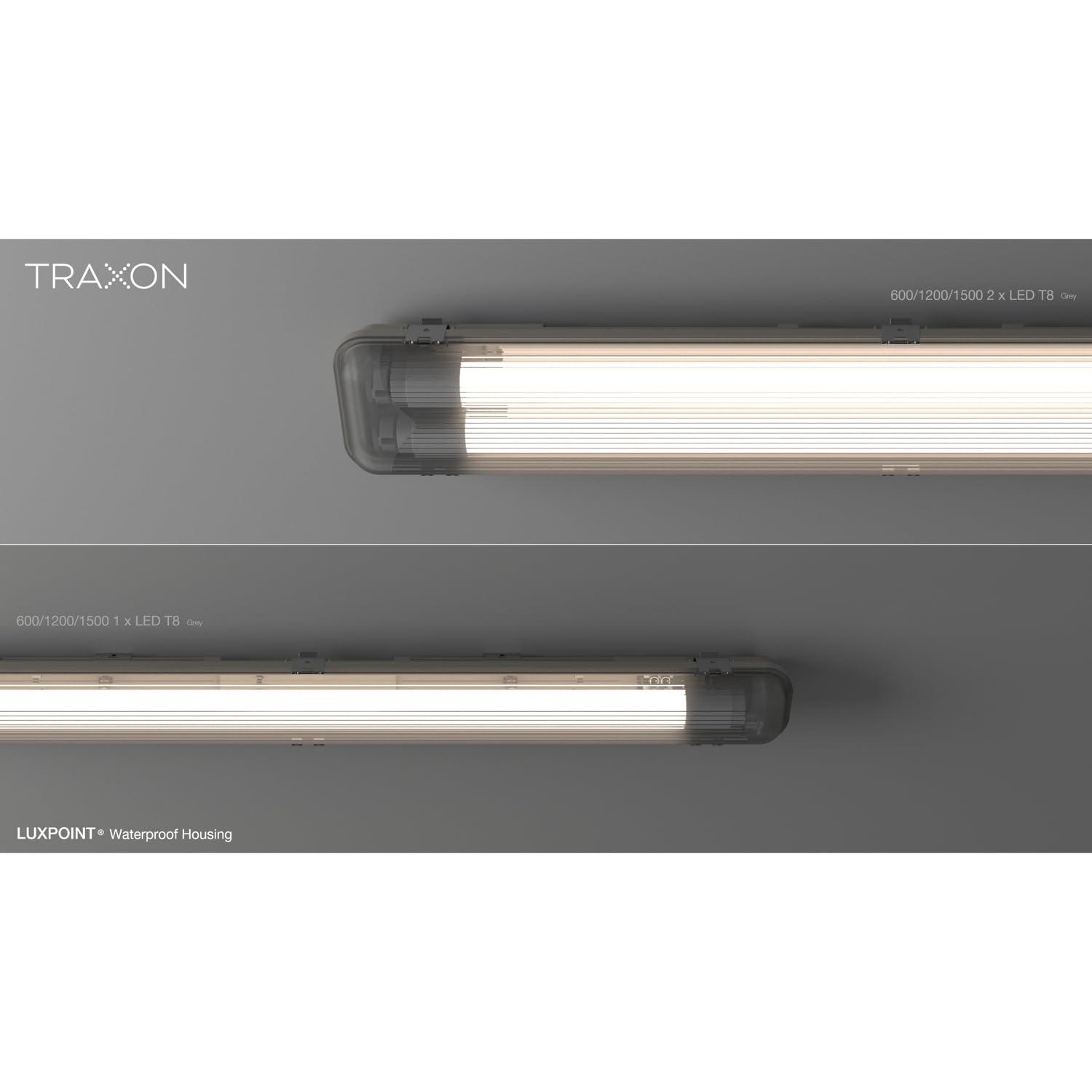 TRAXON LUXPOINT Pantalla Estanca Vacia Sellada para 2 Tubos LED T8 (Tubo *No incluido) 120cm, Libre de halogeno, IP65 Impermeable, para Parking, Almacen, Túnel (120cm | 2 tubo T8)