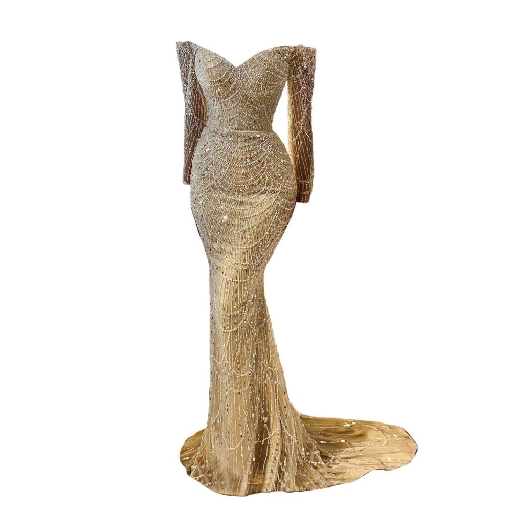 Datangep Luxury Bead Champagne Prom Dresses Off Shoulder Long Sleeves Mermaid Evening Dress Formal Party Gowns