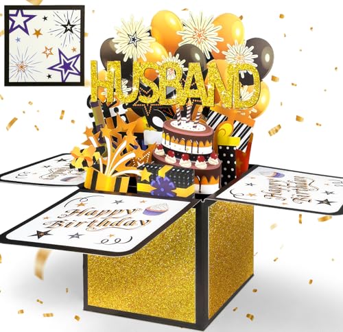 Happivue Husband Birthday Card from Wife 3D Black Gold Pop Up Birthday Card for Husband Popup Gifts Box Greeting Card Happy Birthday Decorations Gifts for Him