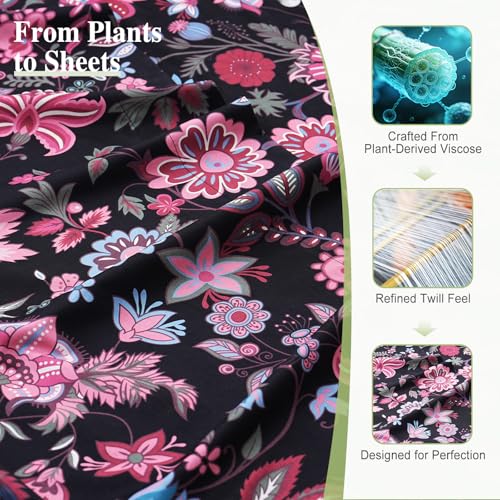 Image of Bedlifes Extra Deep Pocket 18-24 inch Queen 4-Piece Sheet Set - Cooling Sheets Blend Rayon Derived from Bamboo Soft & Breathable Floral Black Red