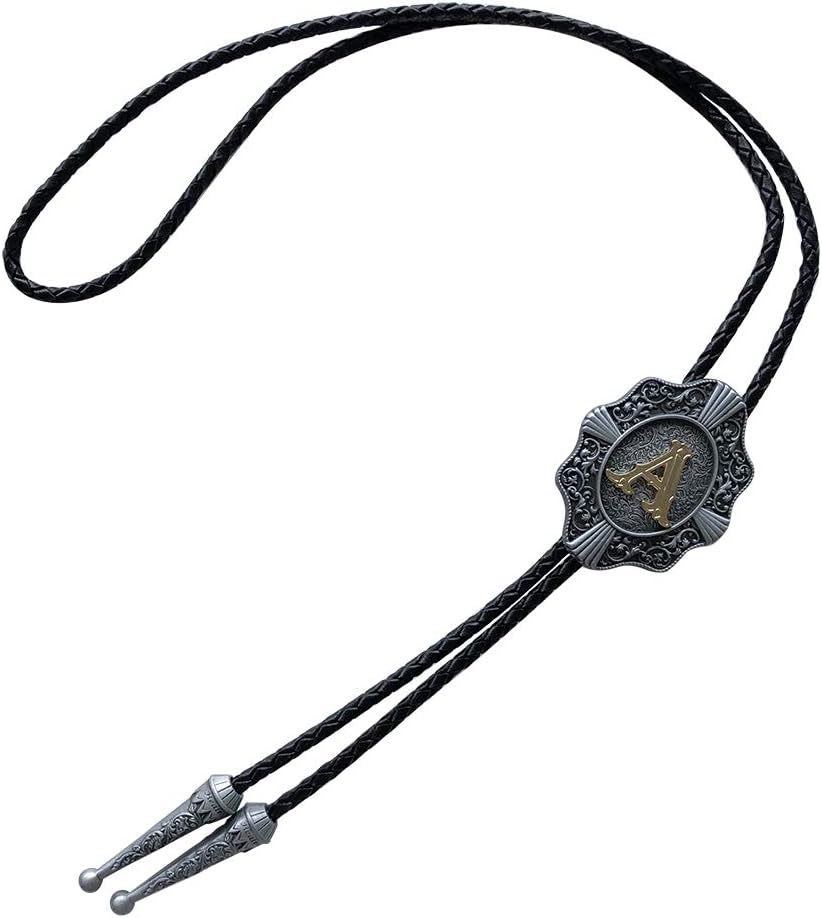 Bolo Tie for Men,Cowboy Necklace,Vintage Initial Letter A Leather Bolo Tie