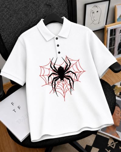 Image of AUSK Men's Spider Graphic Printed Polo T-Shirt | Cotton Blend Textured Half Sleeve Regular Fit Polo Neck Casual Wear Tshirt for Men