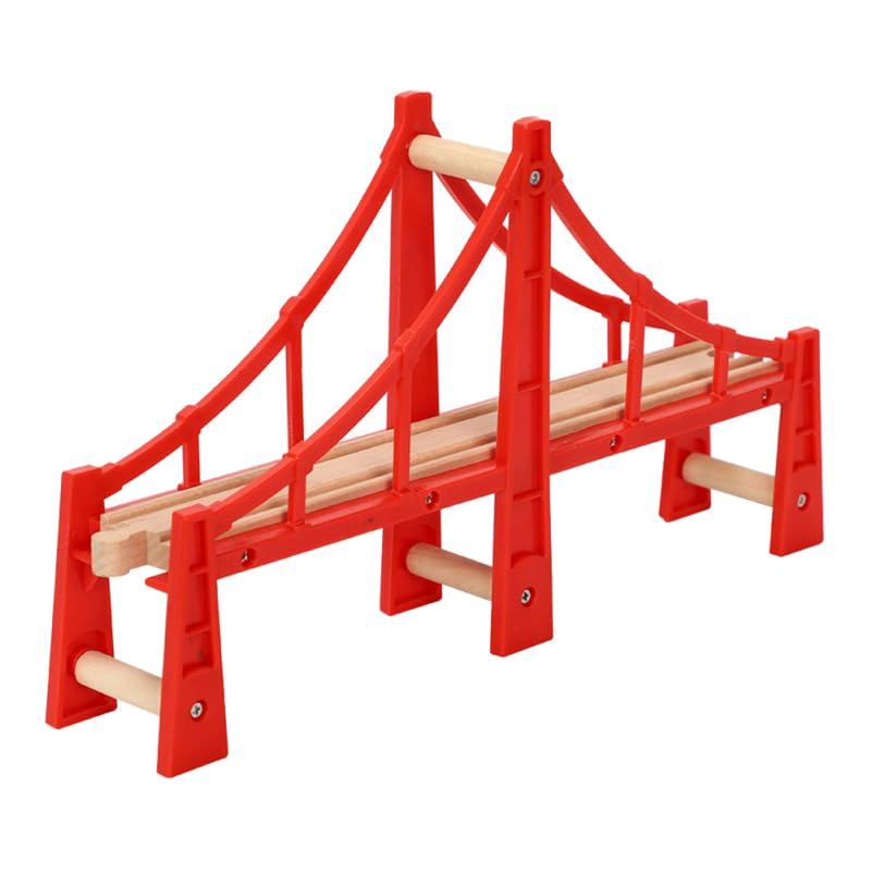 HOMSFOU Wooden Train Track Bridge Set Red Arch Bridge for Boys and Girls DIY Railroad Track Accessories Compatible Creative Building Model