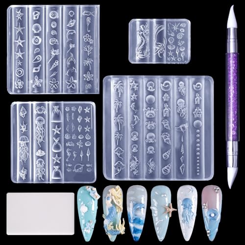 Laza 4pcs Ocean Silicone Nail Art Molds 3D Mermaid Starfish Seashell Jellyfish Nail Charms Molds Clear Modeling Templates Silicone Beach Nails Pattern Nail Tools with Sculpture Pen for Nail Design