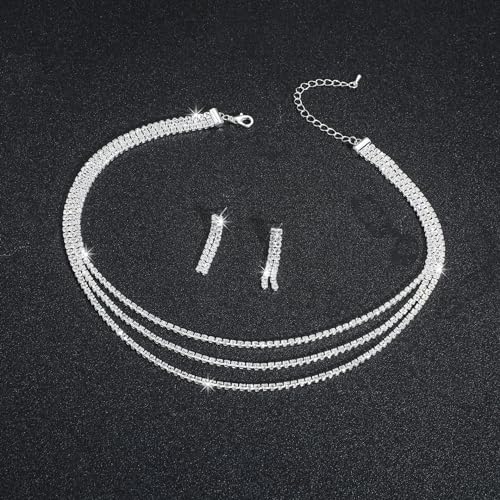 FUTIMELY Wedding Prom Jewelry Sets for Women Girls,Sparkly Crystal Drop Dangle Earrings Glitter Layering Rhinestone Choker Necklace Trendy Jewelry Gifts (Silver), 1 by FUTIMELY - Used condition - Image 5