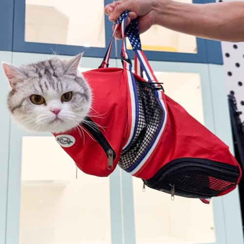 Image of Cinf Cat Nail Clipping Cleaning Grooming Restraint Bag (Free Muzzle) No Scratching Biting for Bathing Nail Trimming Injecting Examining((Red USA Flag,M)