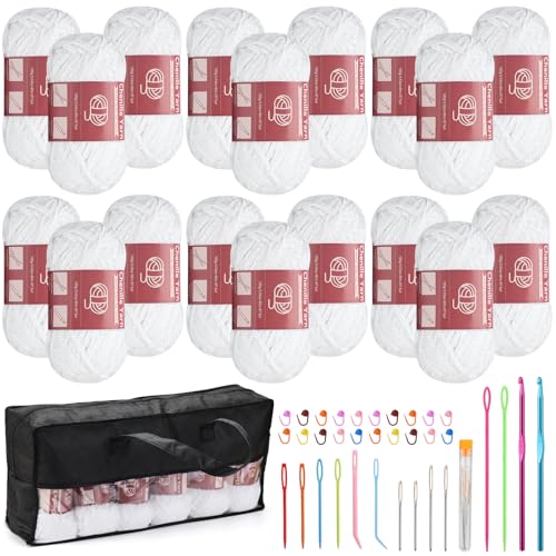 Image of LUNARM Chenille Yarn for Crochet Knitting Chunky Blanket Velvet Yarn | 18 Pack 100g /3.5oz White Thick Soft Chenille Yarn for Beginners Knitting Fluffy Weaving Plush Scarves with Big Eye Needles