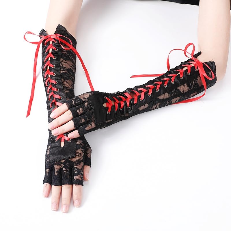Specell Long Lace Fingerless Gloves Women Fingerless Gloves For Bridal Wedding Prom Party Costume Accessories: A-b- Black and Red - Fingerless Gloves