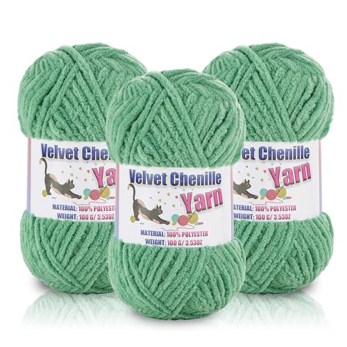 Image of 3 * 100g /3.5oz Fluffy Chenille Yarn for Crocheting, Chunky Velvet Yarn for Crochet Amigurumi, Used for Making Baby Yarns Blanket, Clothes, Pattern Knitting Creations (Light Green)