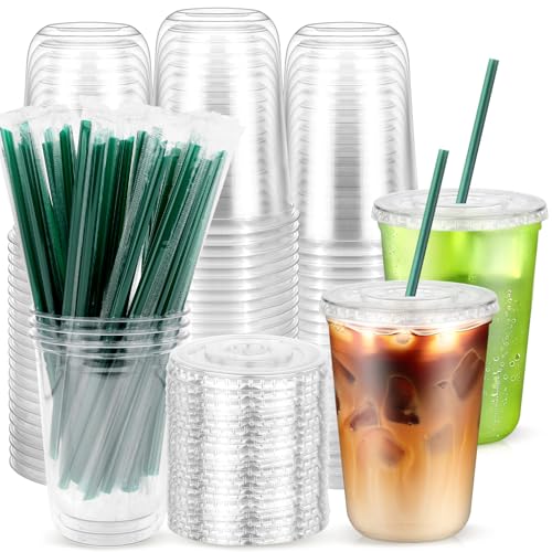 50PCS 14 oz Clear Plastic Cups with Lids and Dark Green Straws Round Bottom Disposable To Go iced Coffee Cups BPA Free Bubble Tea Smoothie Cups for Coffee Shops Picnic Takeout Party Office