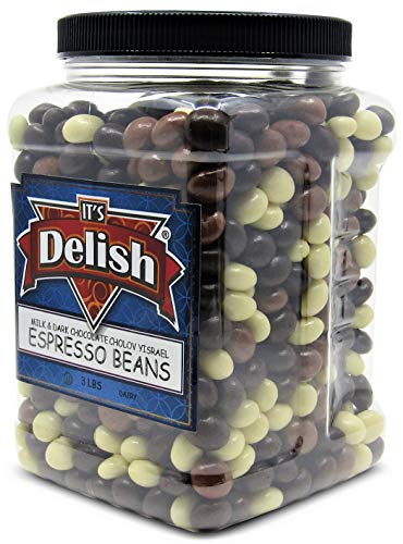 Gourmet Chocolate Covered Espresso Beans Medley By Its Delish – 3 Lbs Jumbo Reusable Container – Premium Kosher Dairy Mix Of Dark, Milk & White Chocolate Covered Coffee Beans #TOP2