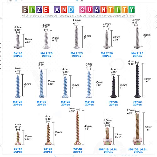 Glarks 320Pcs Mixed Self Drilling Screws and Self Tapping Screws Assortment Kit 16 Different Types Wood Screws, Sheet Metal Screws and Drywall Screws for Wood, Sheet Metal and Drywall Use