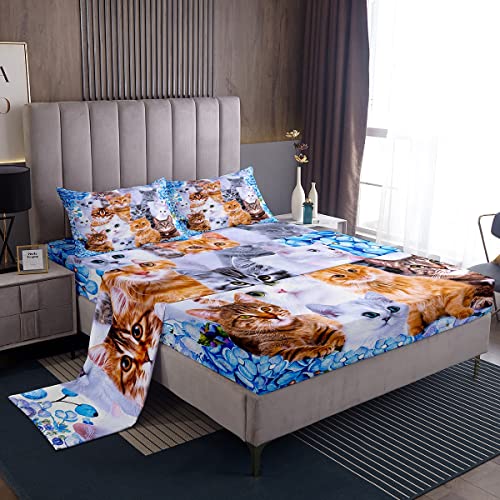 Kids Cute Cat Bedding Fitted Sheet Cartoon Pet Cats Bedding Sheets for Children Boys Girls Cute Kitten Bed Sheet Set Cat Lover's Animal Themed Design Bed Cover Bedroom Collection 4Pcs Bedding Full