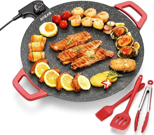 Image of AORAN Indoor Grill Electric Smokeless Set - Nonstick Electric Griddle for Indoor Use, Compact & Versatile Cooking for Steaks, Pancakes & BBQ, Includes Silicone Spatula, Oil Brush & Food Tongs